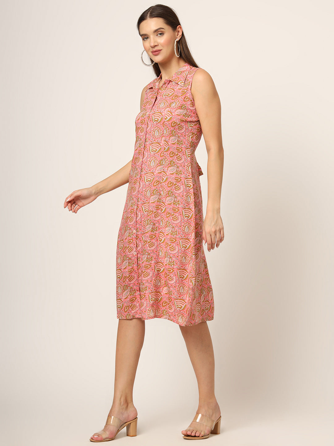 Noe Velarro Pink Floral Print A-Line Midi Dress