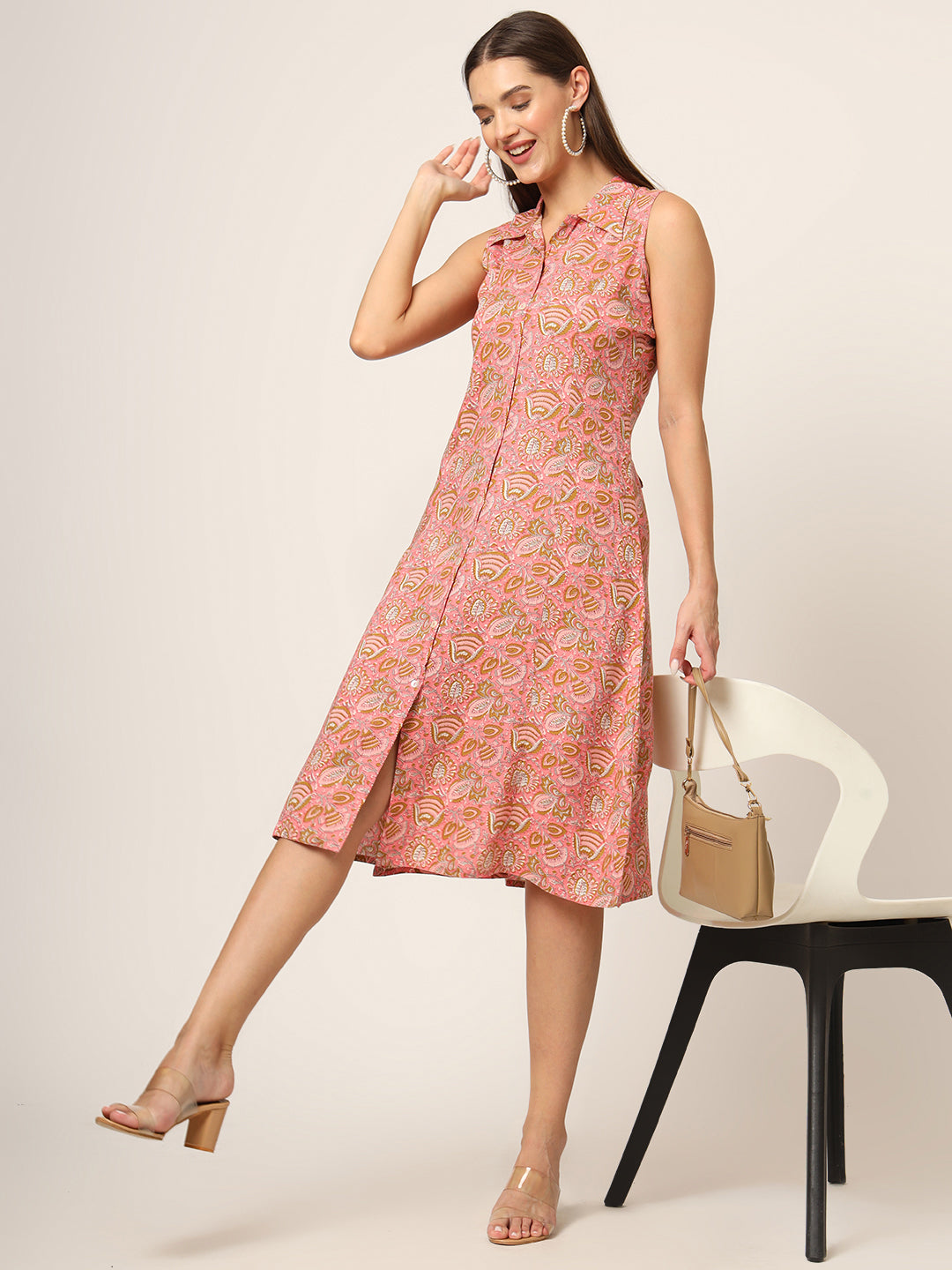Noe Velarro Pink Floral Print A-Line Midi Dress