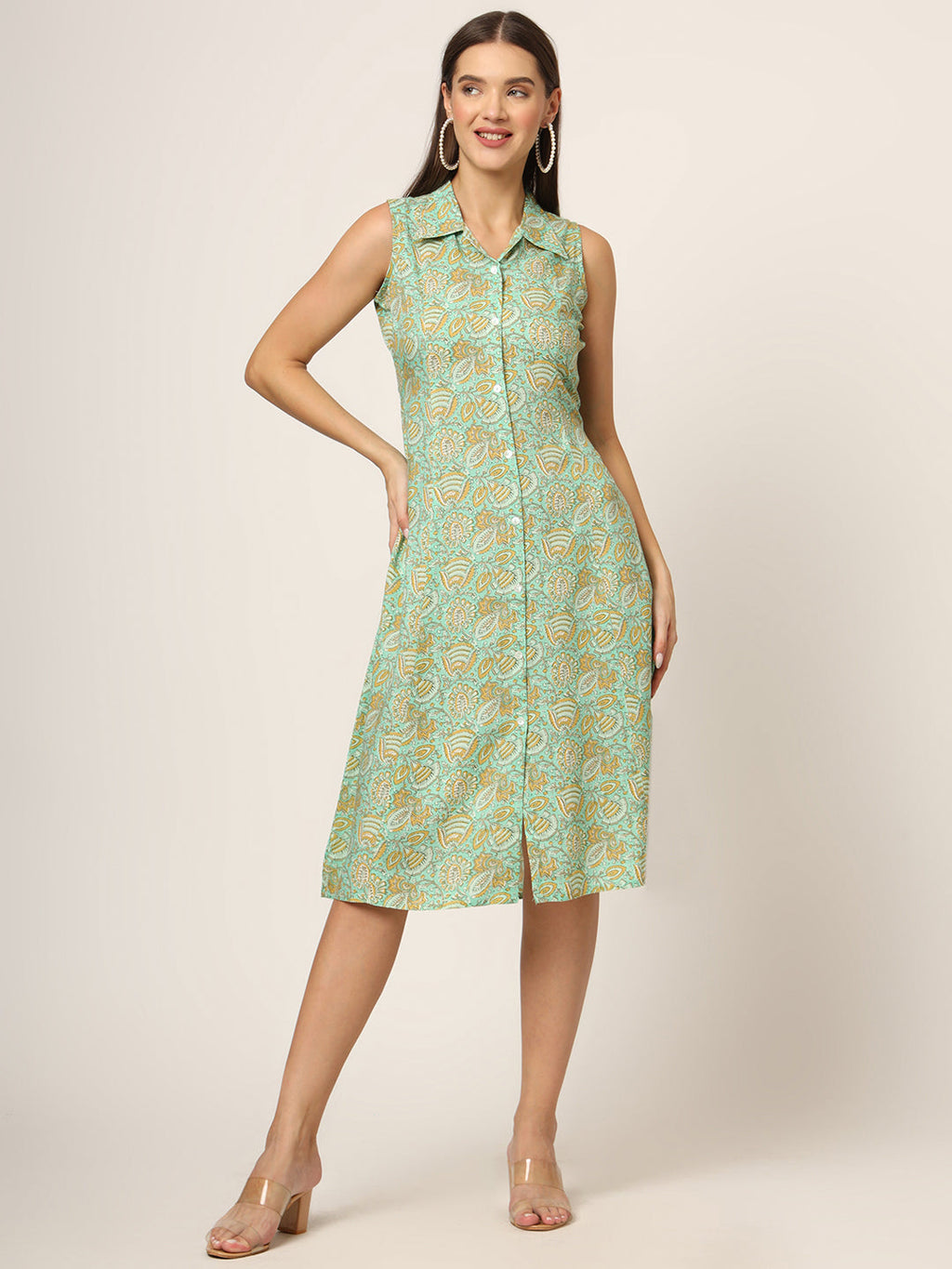 Noe Velarro Green Floral Print A-Line Midi Dress