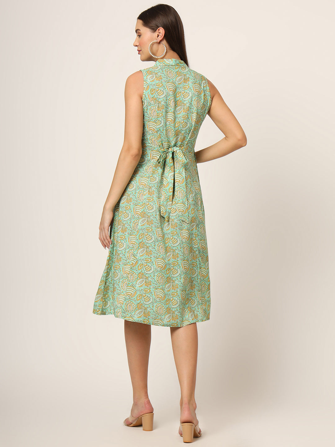Noe Velarro Green Floral Print A-Line Midi Dress