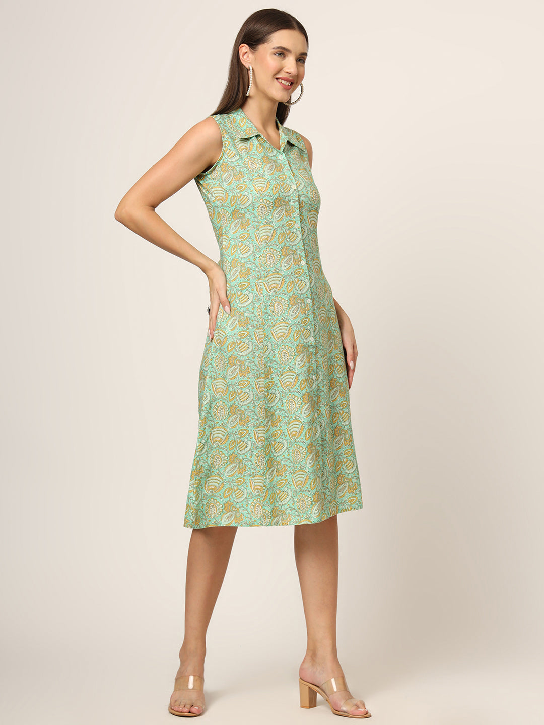 Noe Velarro Green Floral Print A-Line Midi Dress