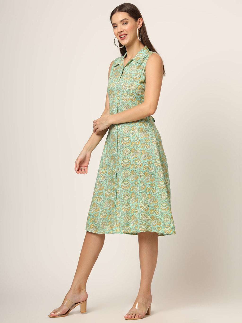 Noe Velarro Green Floral Print A-Line Midi Dress