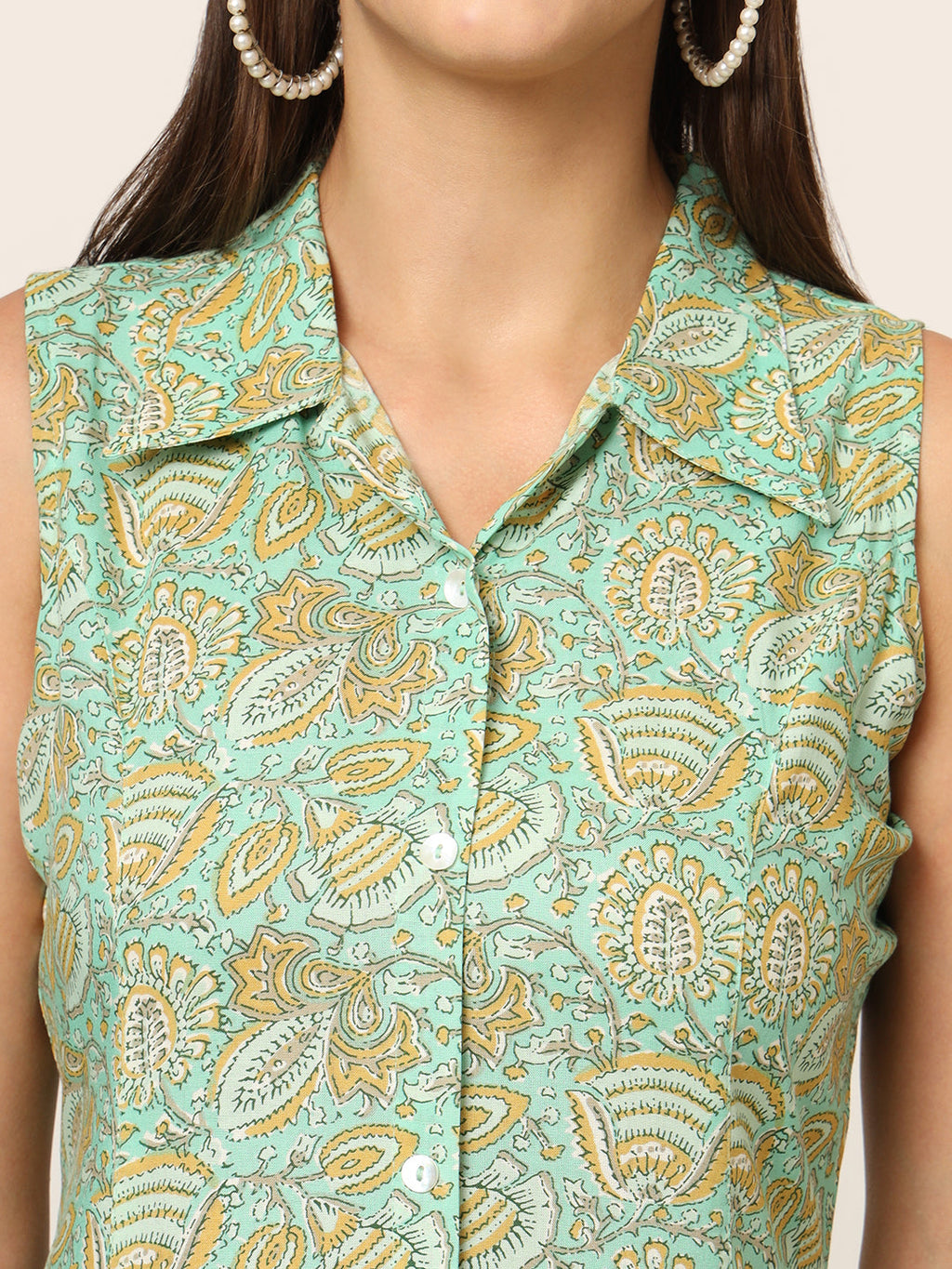 Noe Velarro Green Floral Print A-Line Midi Dress