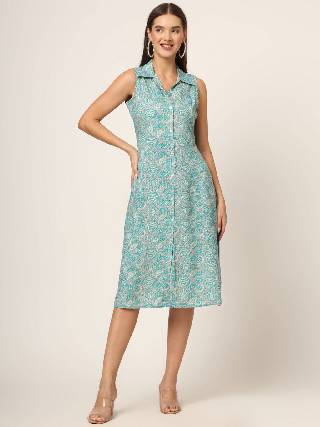 Noe Velarro Sky Blue Floral Print A-Line Midi Dress