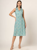 Noe Velarro Sky Blue Floral Print A-Line Midi Dress