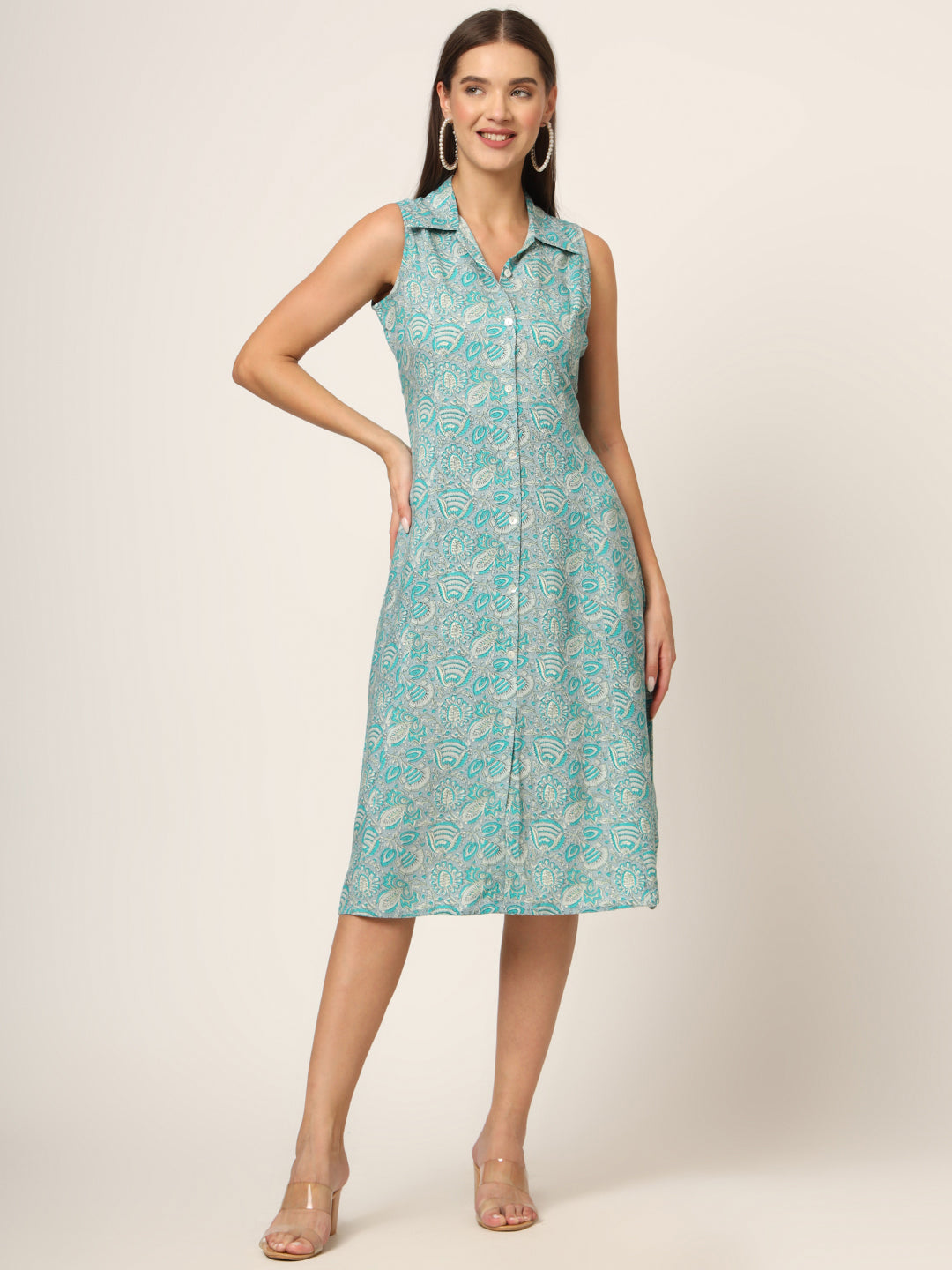 Noe Velarro Sky Blue Floral Print A-Line Midi Dress