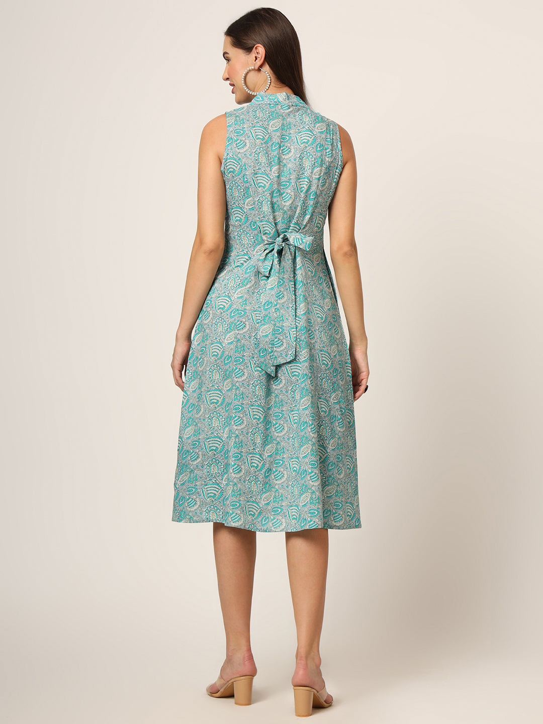 Noe Velarro Sky Blue Floral Print A-Line Midi Dress