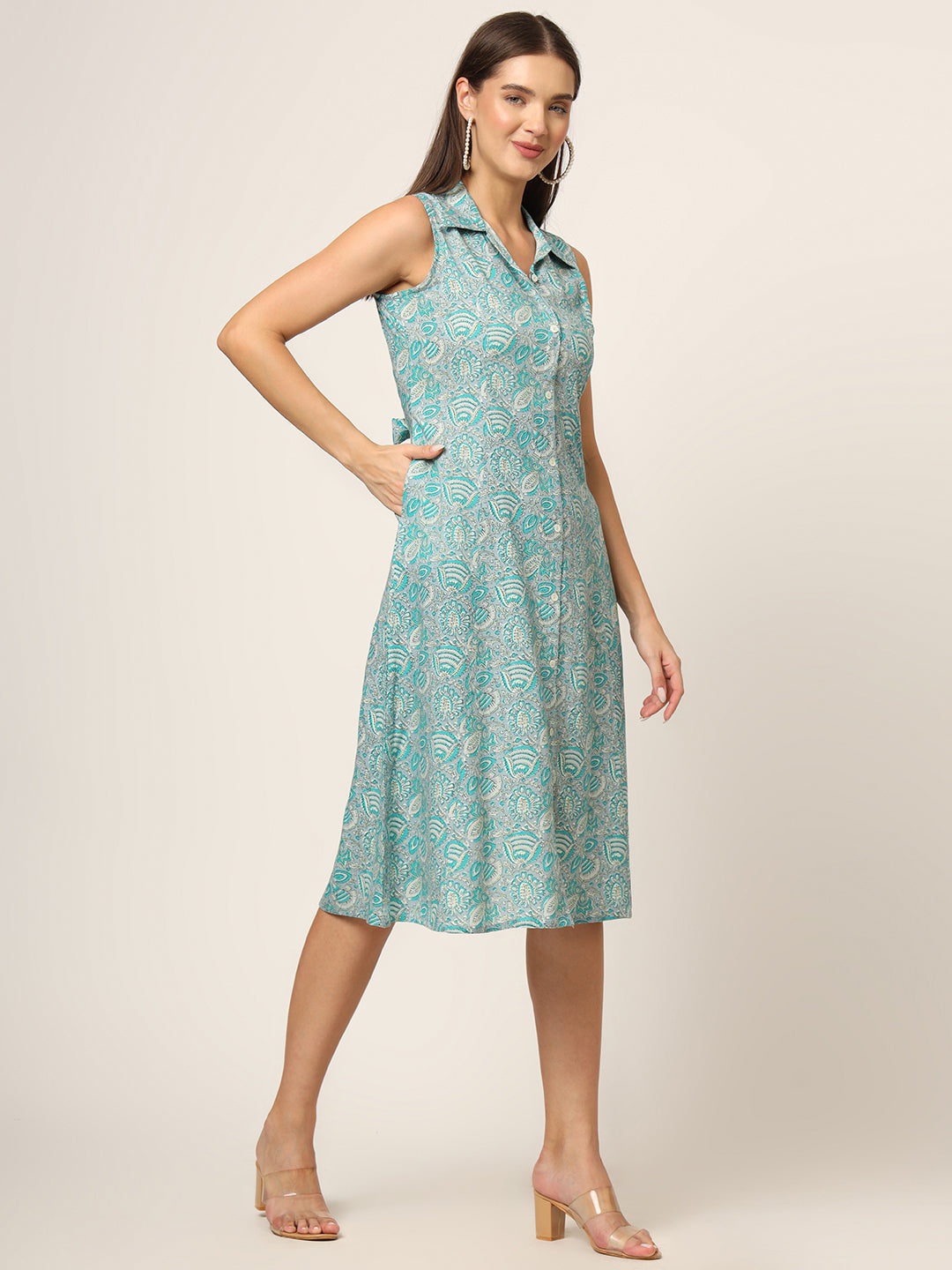 Noe Velarro Sky Blue Floral Print A-Line Midi Dress