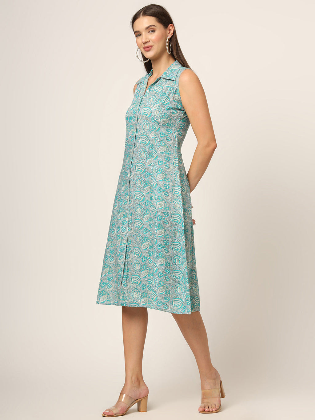 Noe Velarro Sky Blue Floral Print A-Line Midi Dress