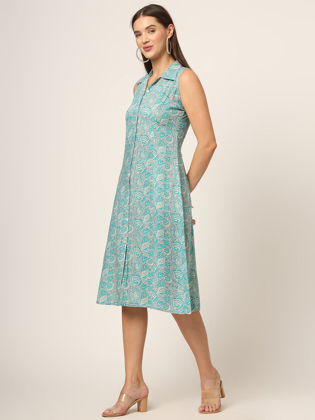Noe Velarro Sky Blue Floral Print A-Line Midi Dress