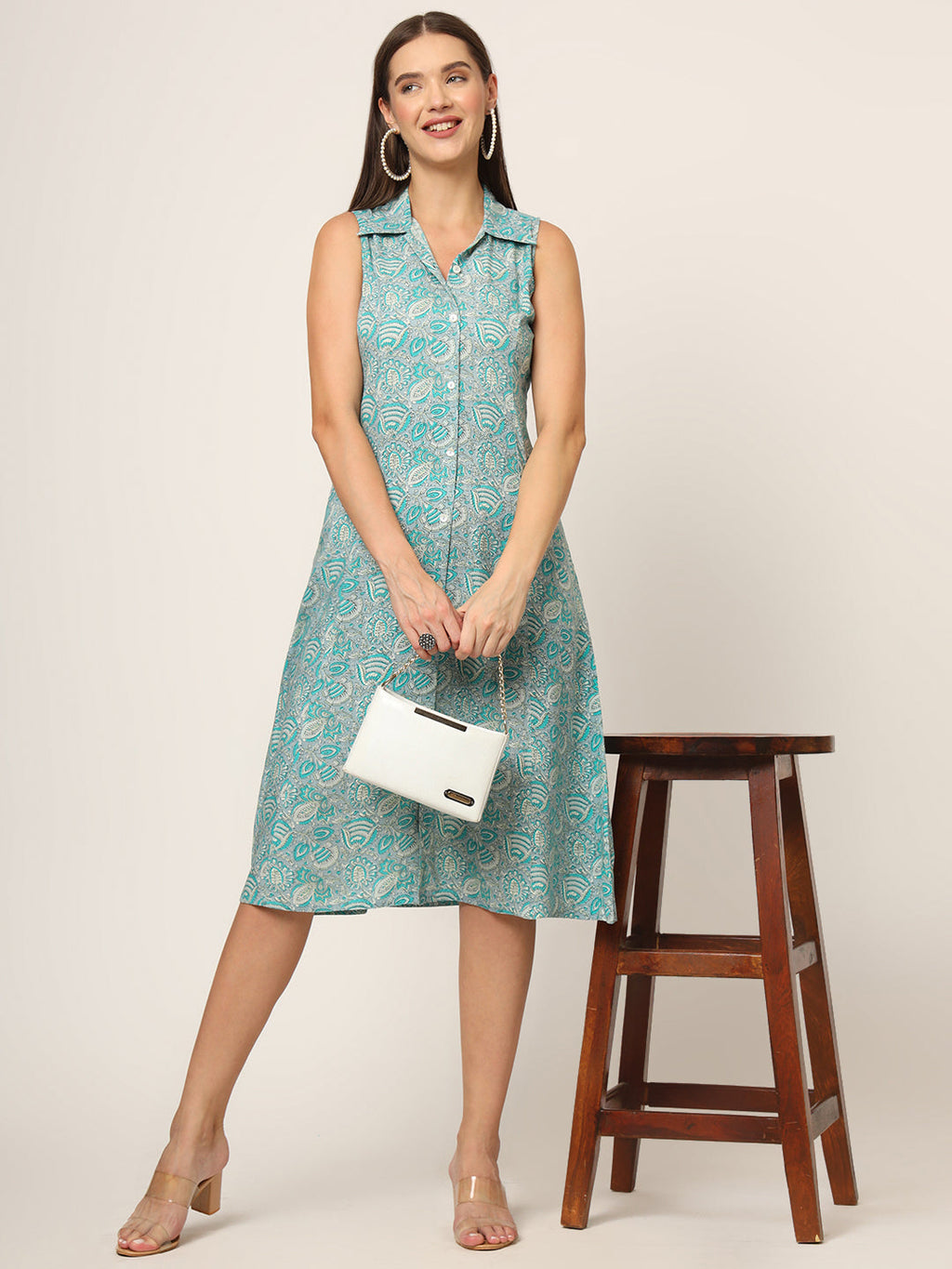 Noe Velarro Sky Blue Floral Print A-Line Midi Dress