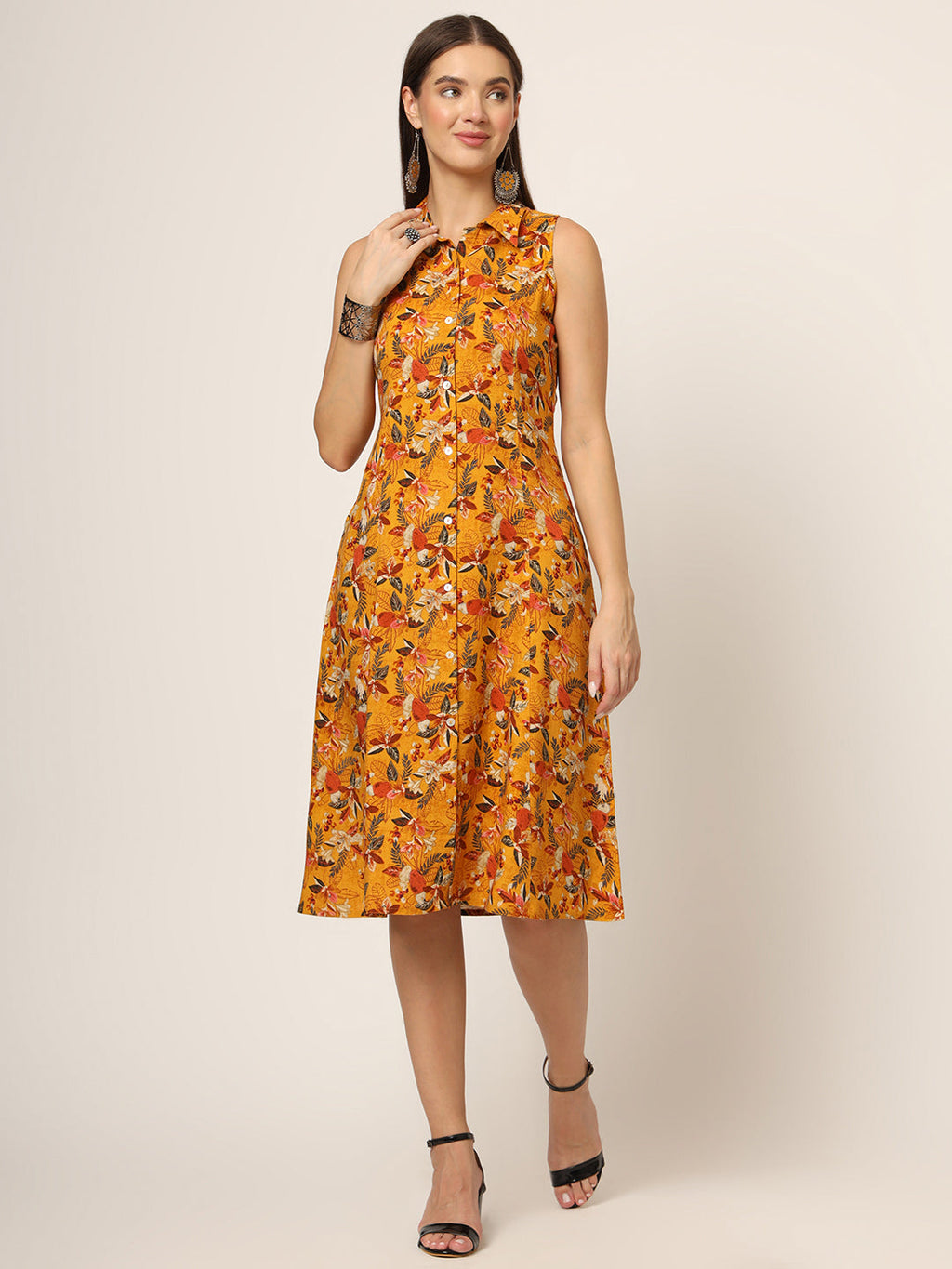 Noe Velarro Yellow Floral Print A-Line Midi Dress