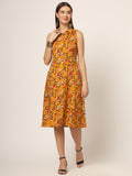 Noe Velarro Yellow Floral Print A-Line Midi Dress