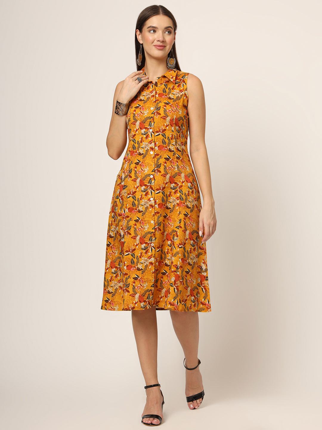 Noe Velarro Yellow Floral Print A-Line Midi Dress