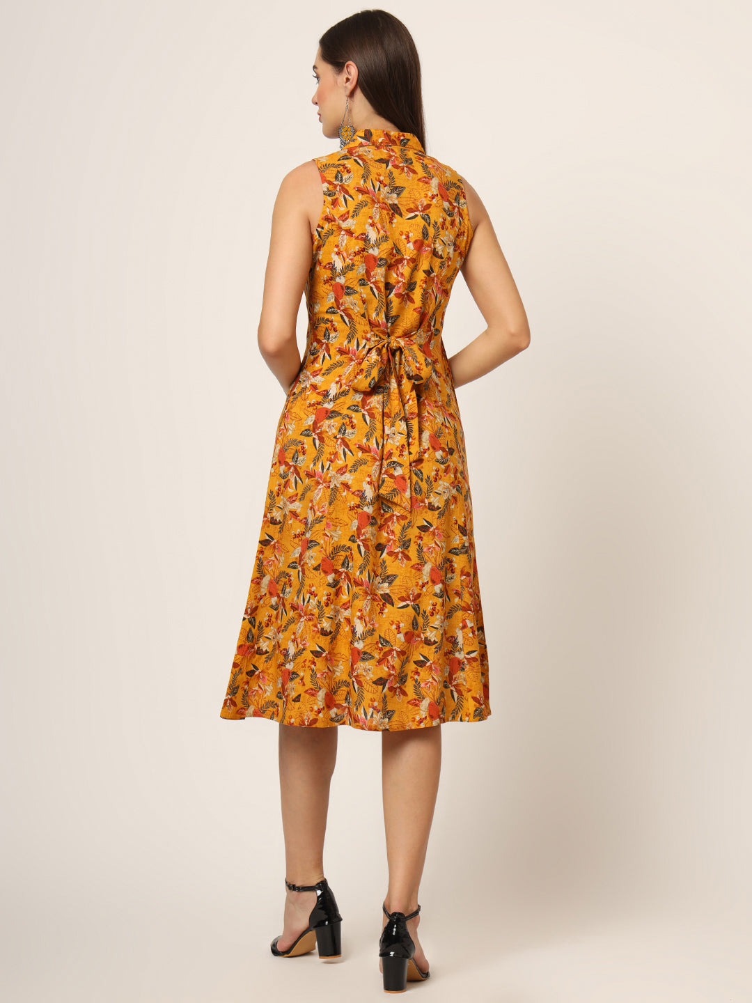 Noe Velarro Yellow Floral Print A-Line Midi Dress