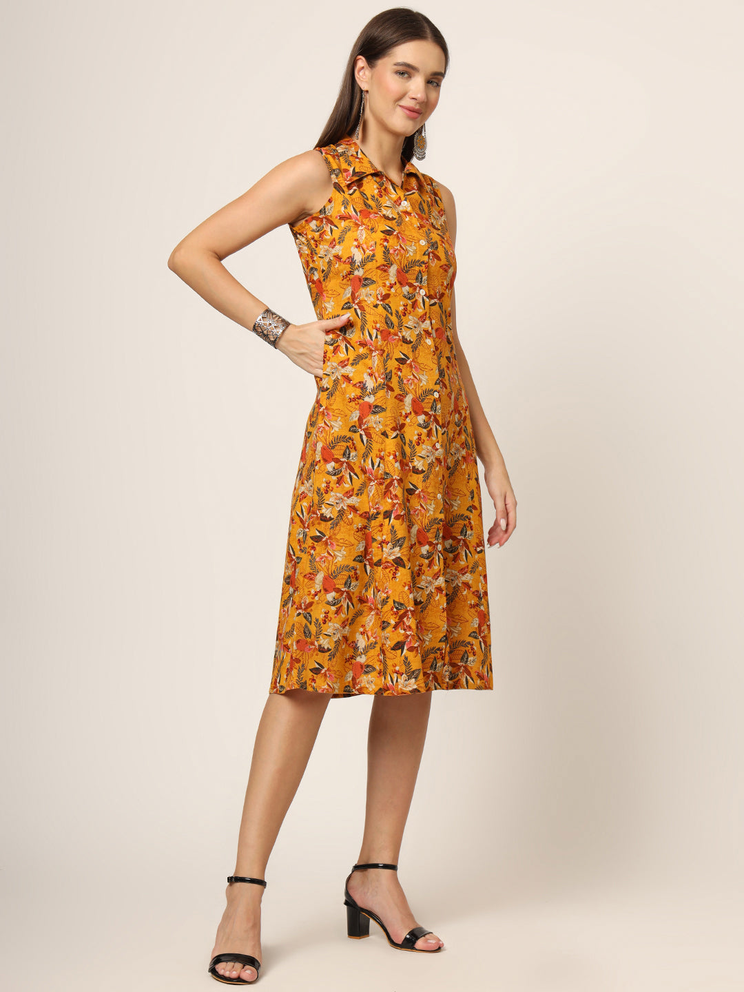 Noe Velarro Yellow Floral Print A-Line Midi Dress