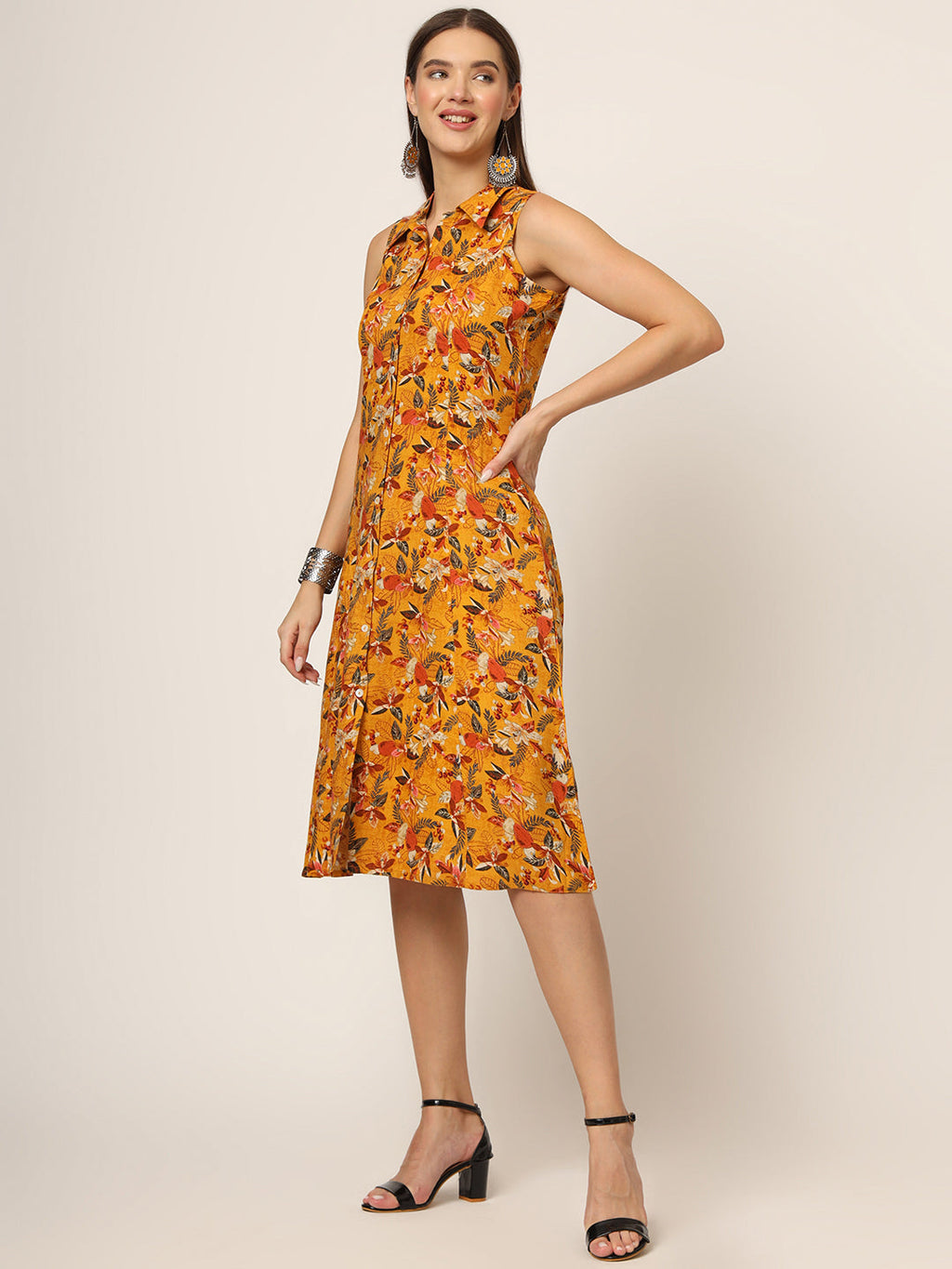 Noe Velarro Yellow Floral Print A-Line Midi Dress