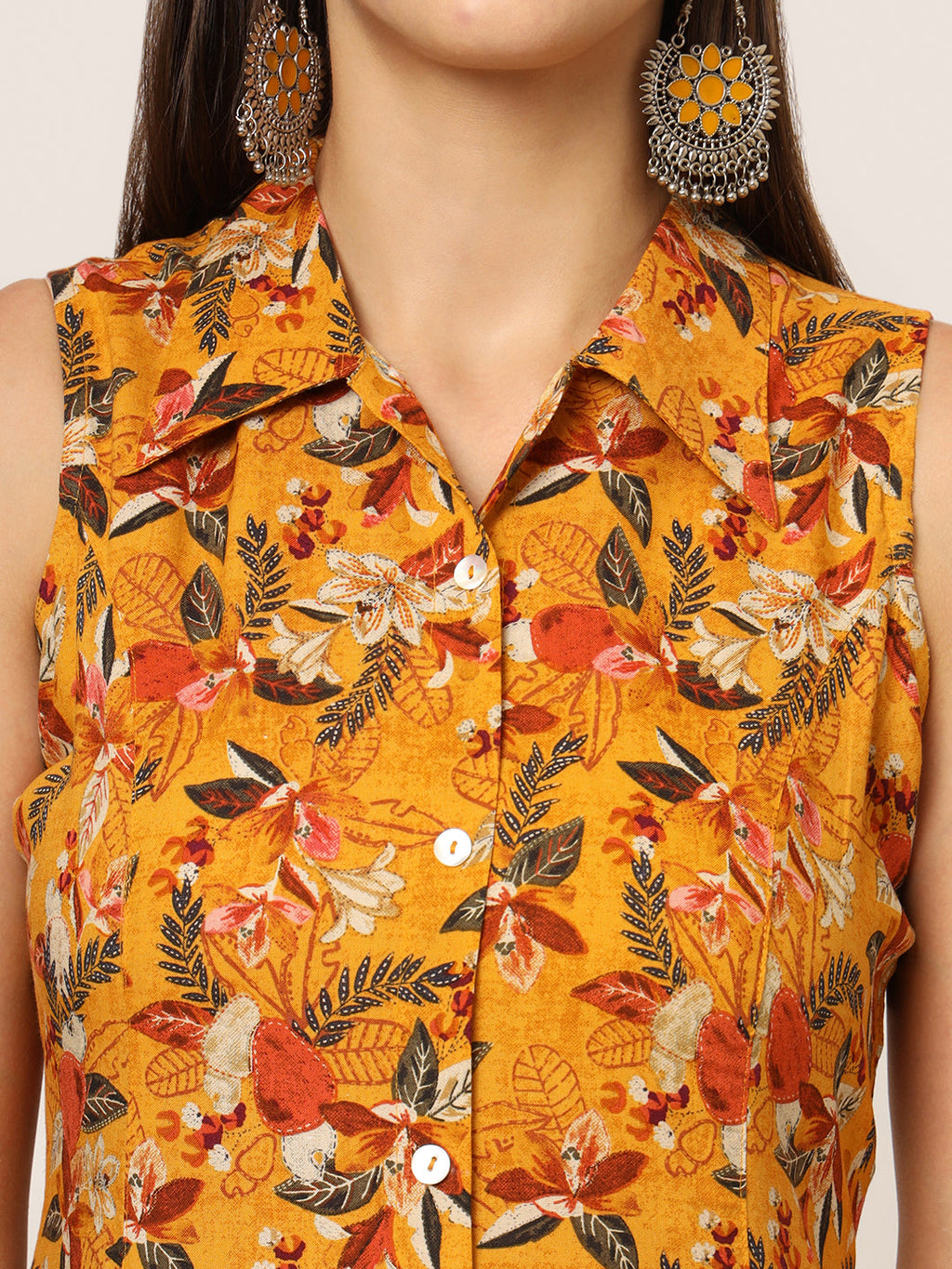 Noe Velarro Yellow Floral Print A-Line Midi Dress