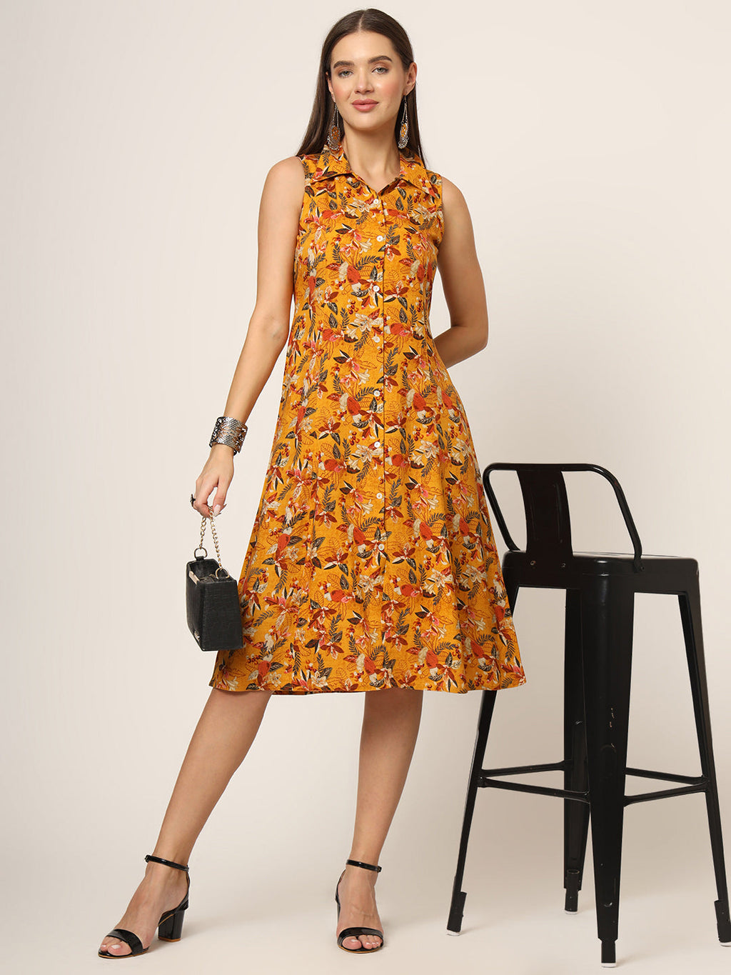 Noe Velarro Yellow Floral Print A-Line Midi Dress