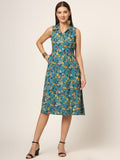 Noe Velarro Blue Floral Print A-Line Midi Dress