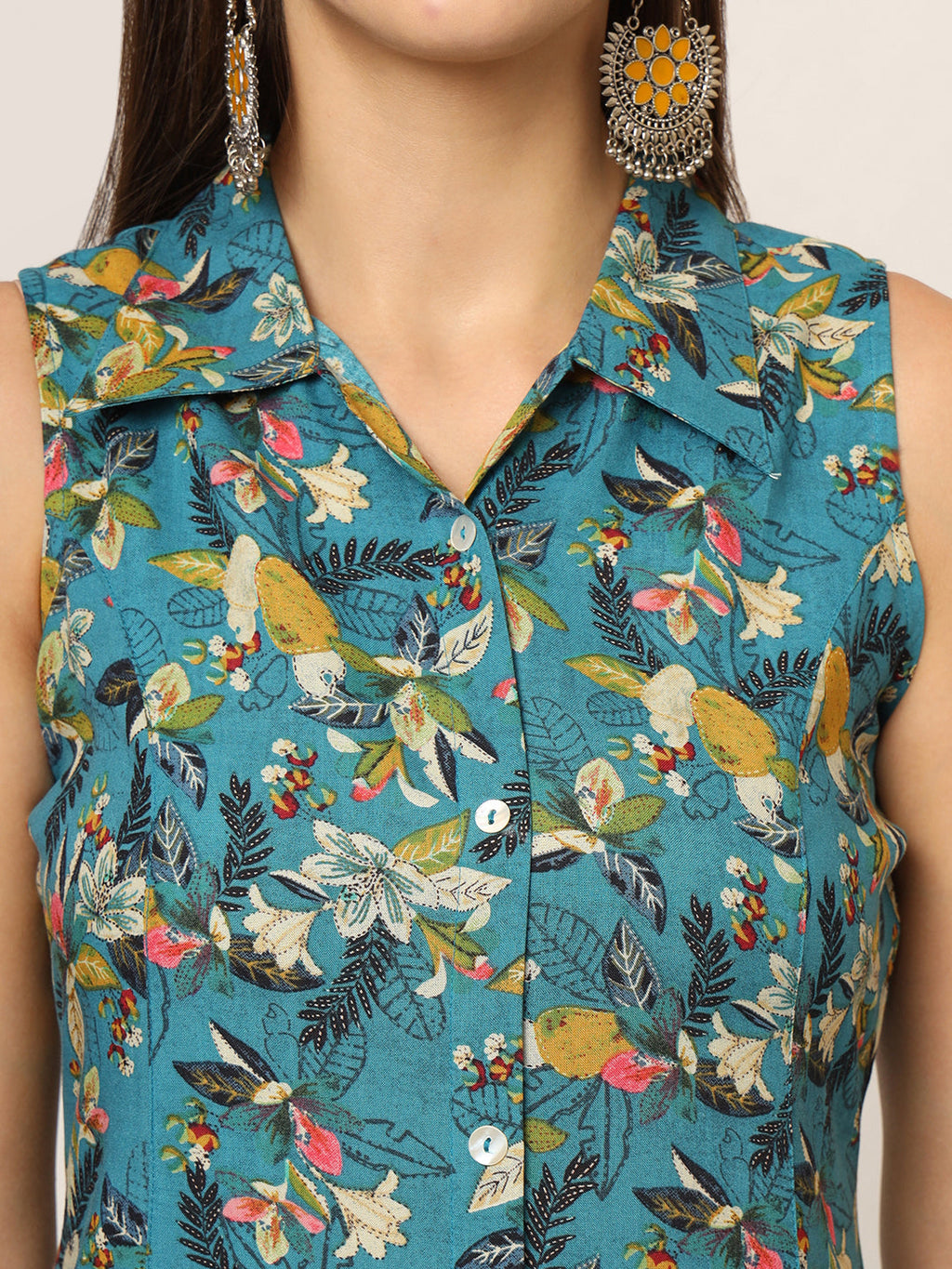 Noe Velarro Blue Floral Print A-Line Midi Dress