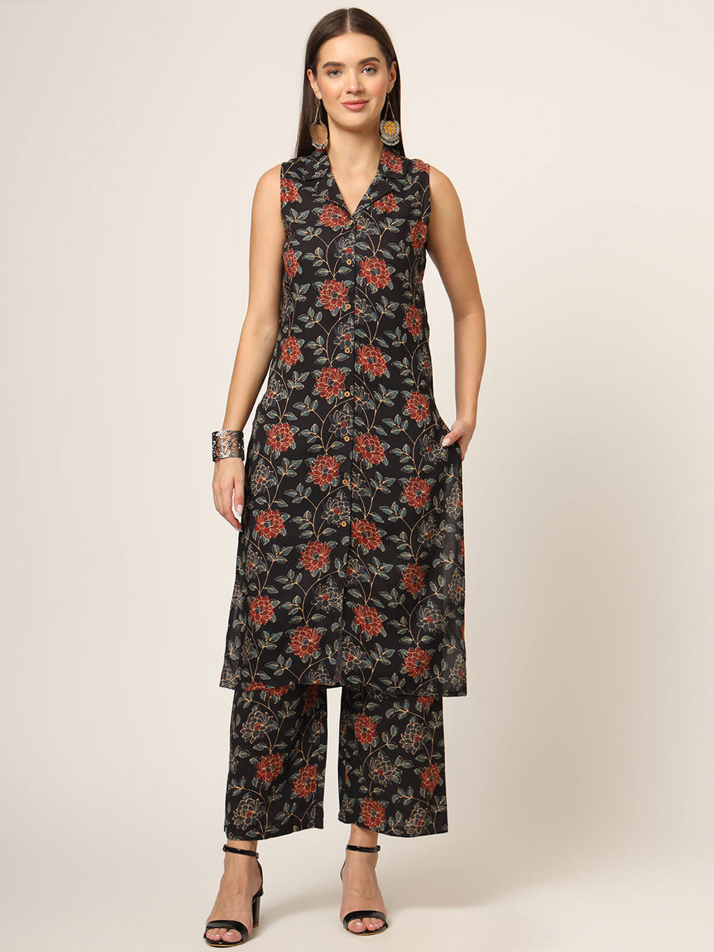 Noe Velarro Black Printed Rayon Fabric Straight Kurta