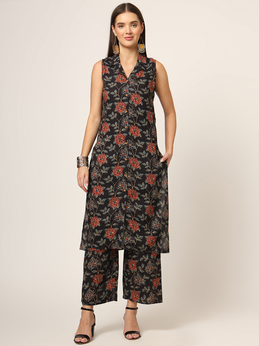 Noe Velarro Black Printed Rayon Fabric Straight Kurta