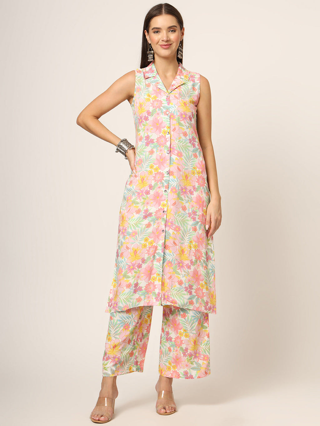 Noe Velarro Pink Printed Rayon Fabric Straight Kurta