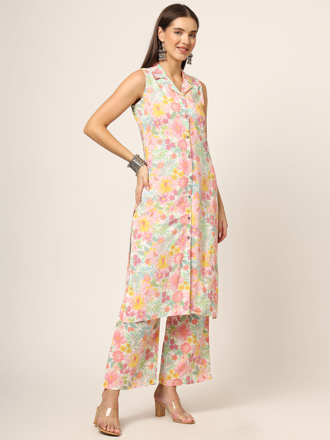 Noe Velarro Pink Printed Rayon Fabric Straight Kurta