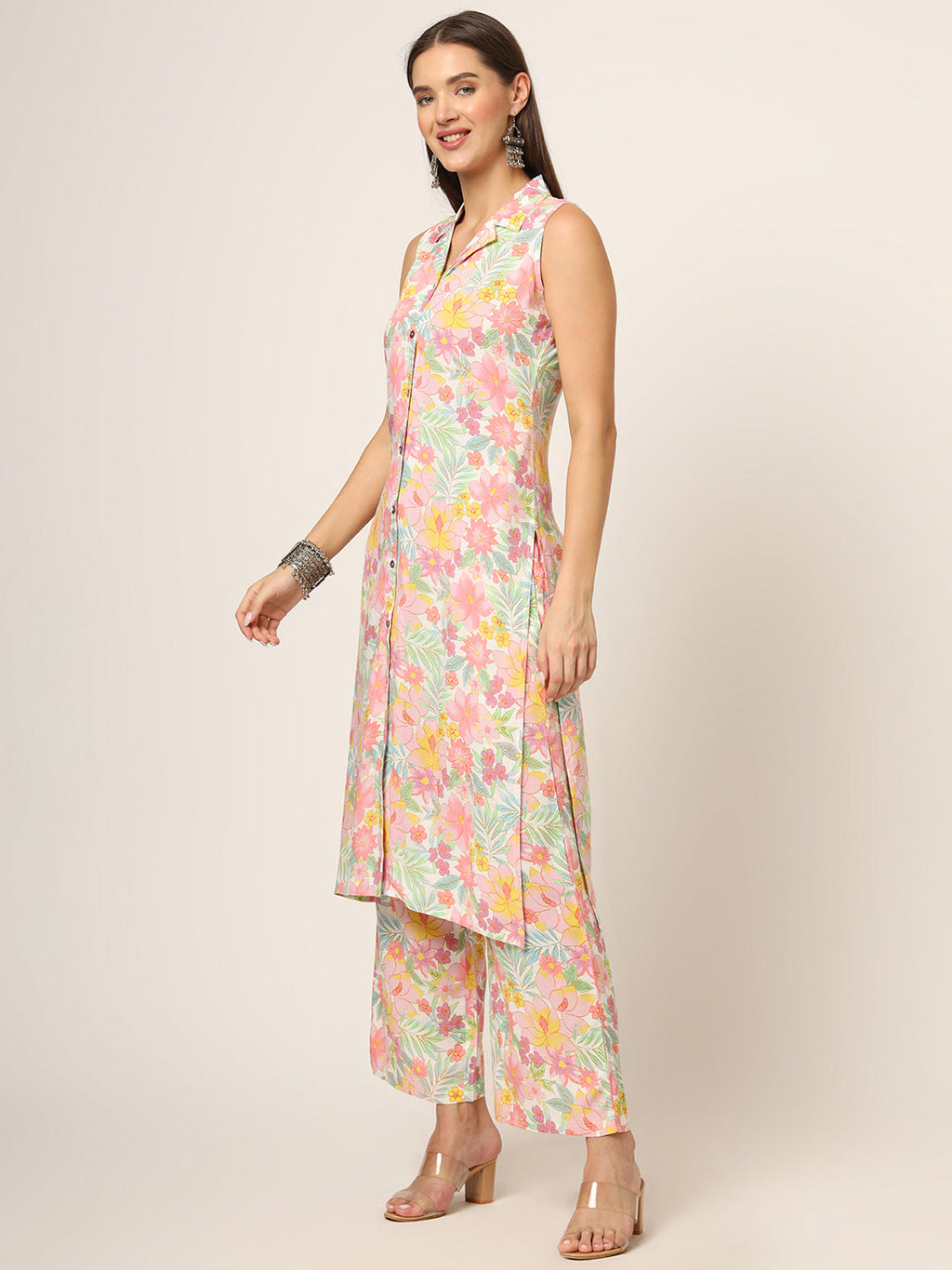 Noe Velarro Pink Printed Rayon Fabric Straight Kurta