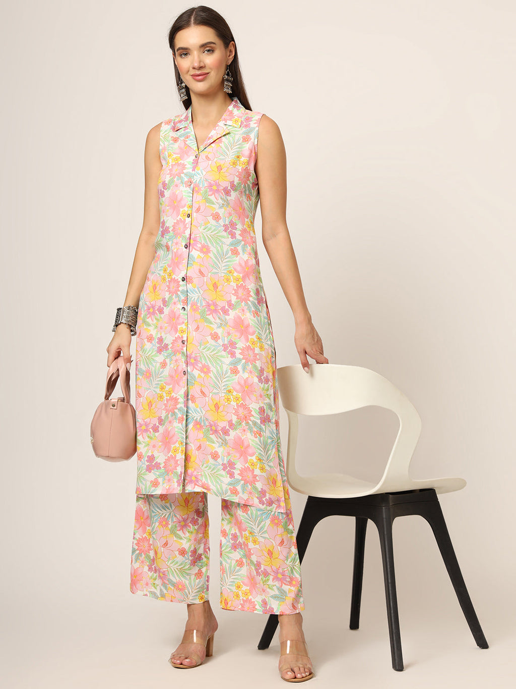 Noe Velarro Pink Printed Rayon Fabric Straight Kurta