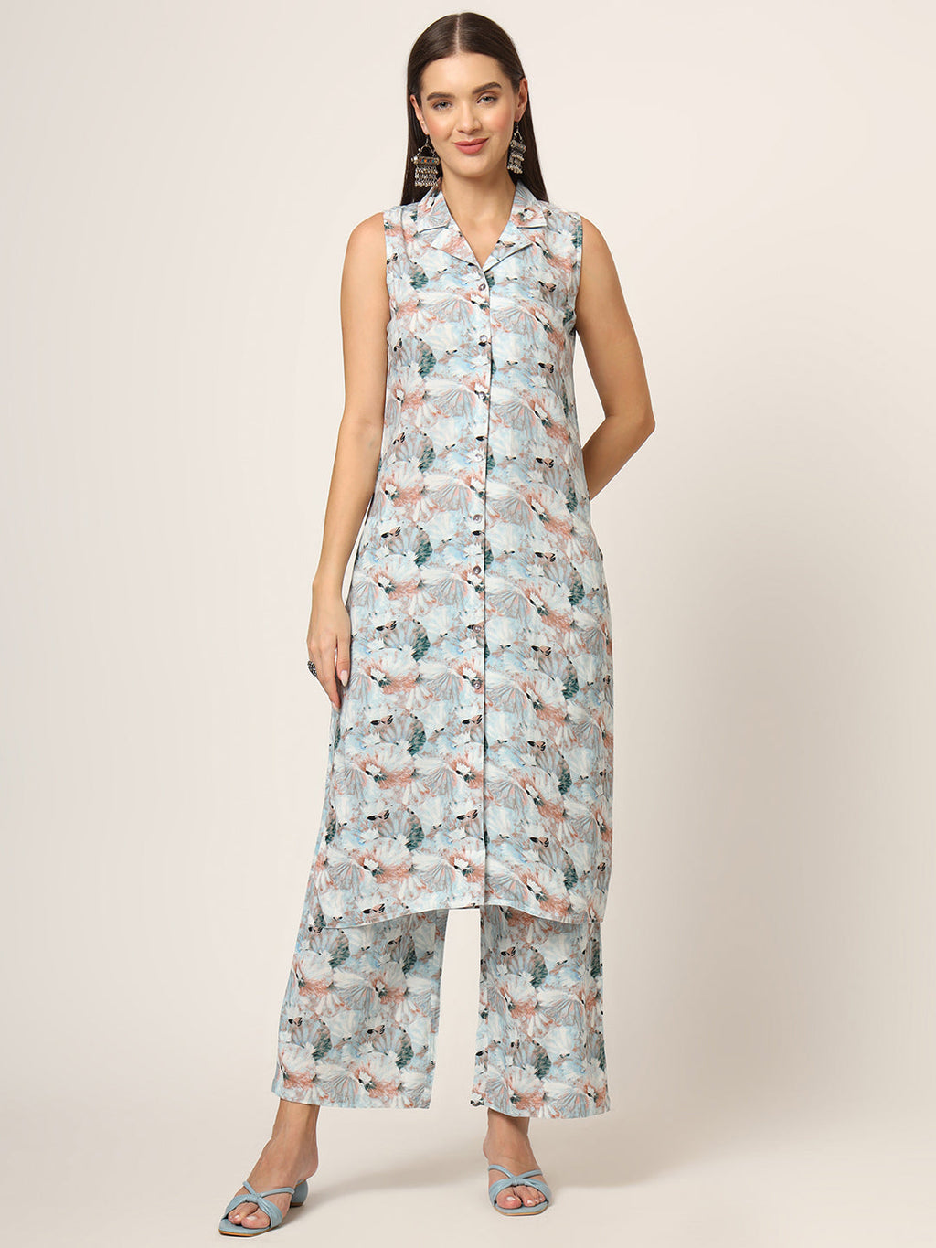 Noe Velarro Sky Blue Printed Rayon Fabric Straight Kurta