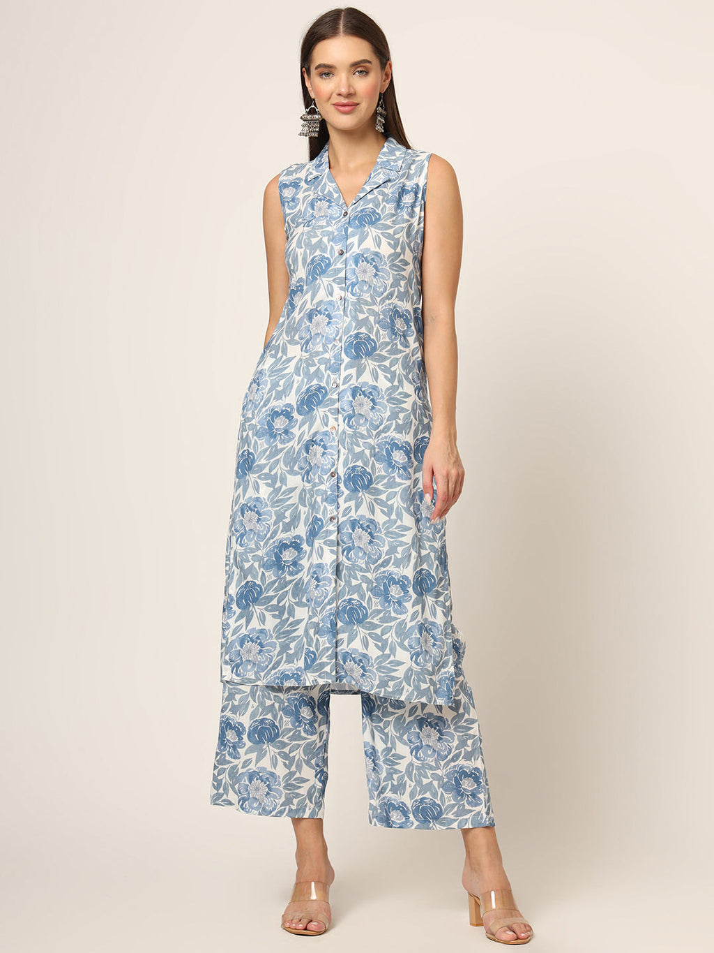 Noe Velarro Blue Printed Rayon Fabric Straight Kurta Set