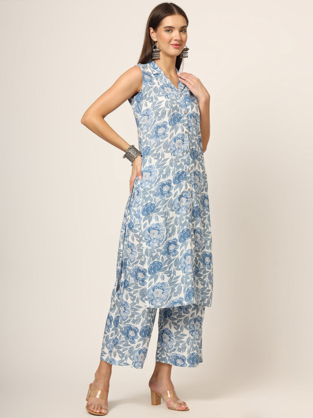 Noe Velarro Blue Printed Rayon Fabric Straight Kurta Set