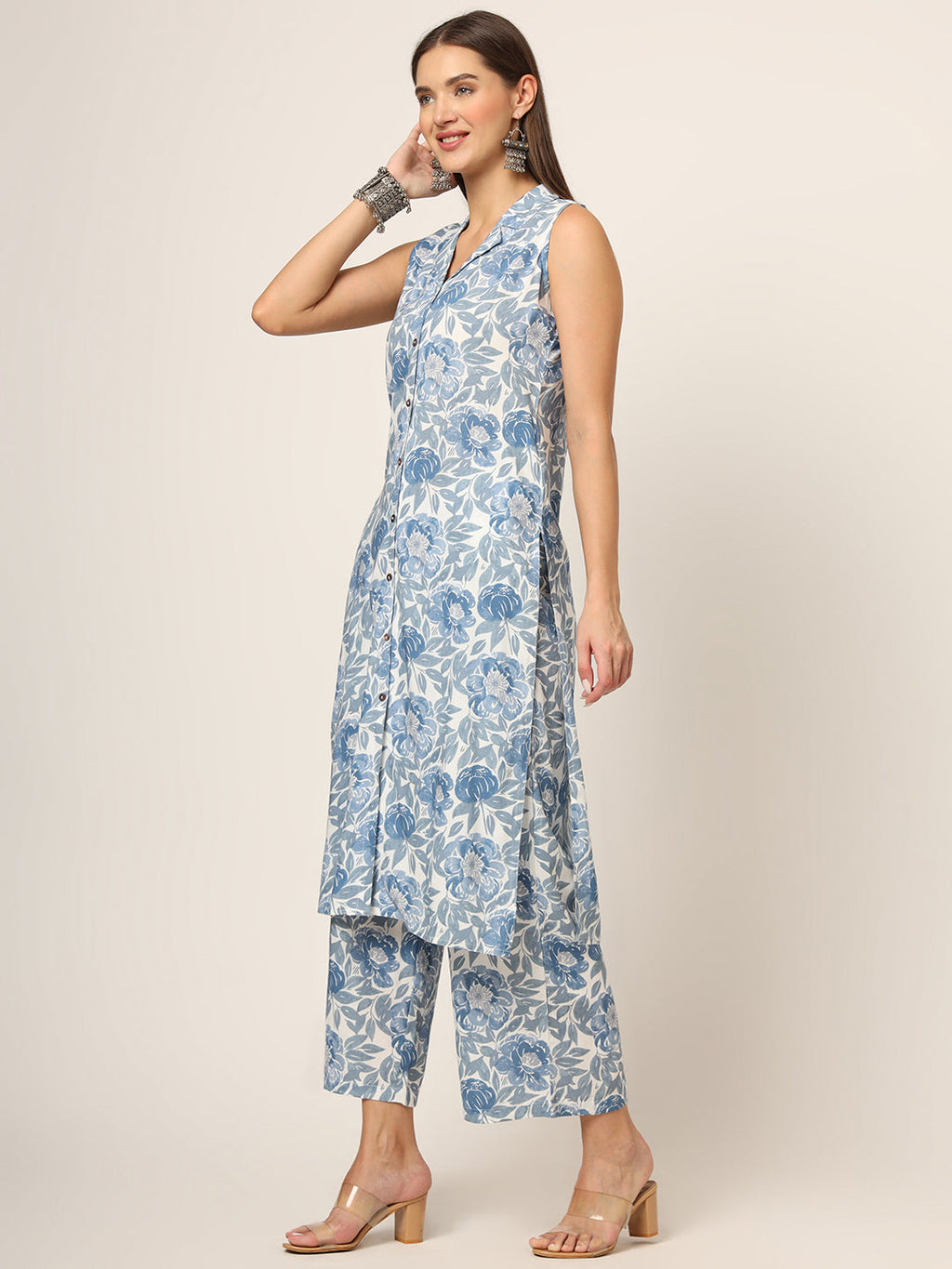 Noe Velarro Blue Printed Rayon Fabric Straight Kurta Set