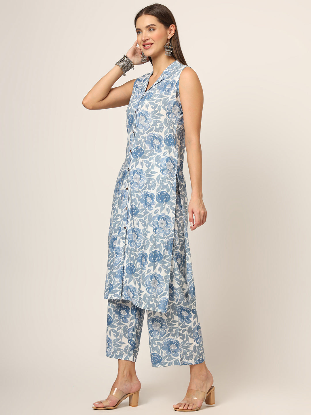 Noe Velarro Blue Printed Rayon Fabric Straight Kurta Set