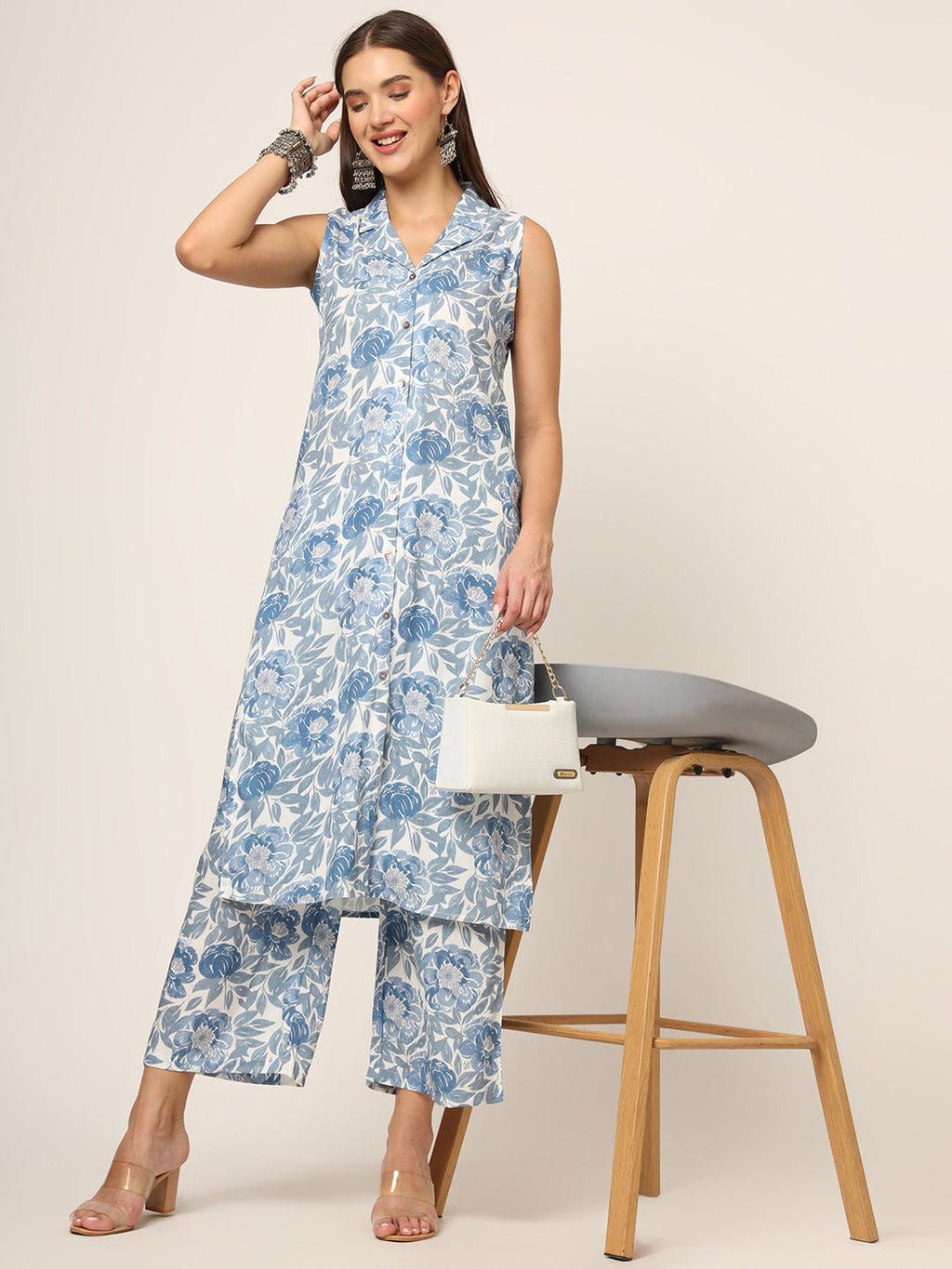 Noe Velarro Blue Printed Rayon Fabric Straight Kurta Set