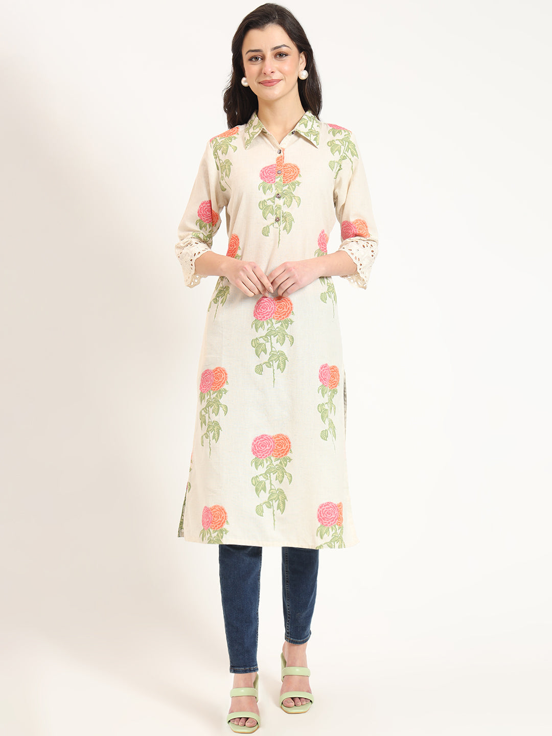Noe Velarro Cream Pink Floral Print Cotton Fabric Kurta