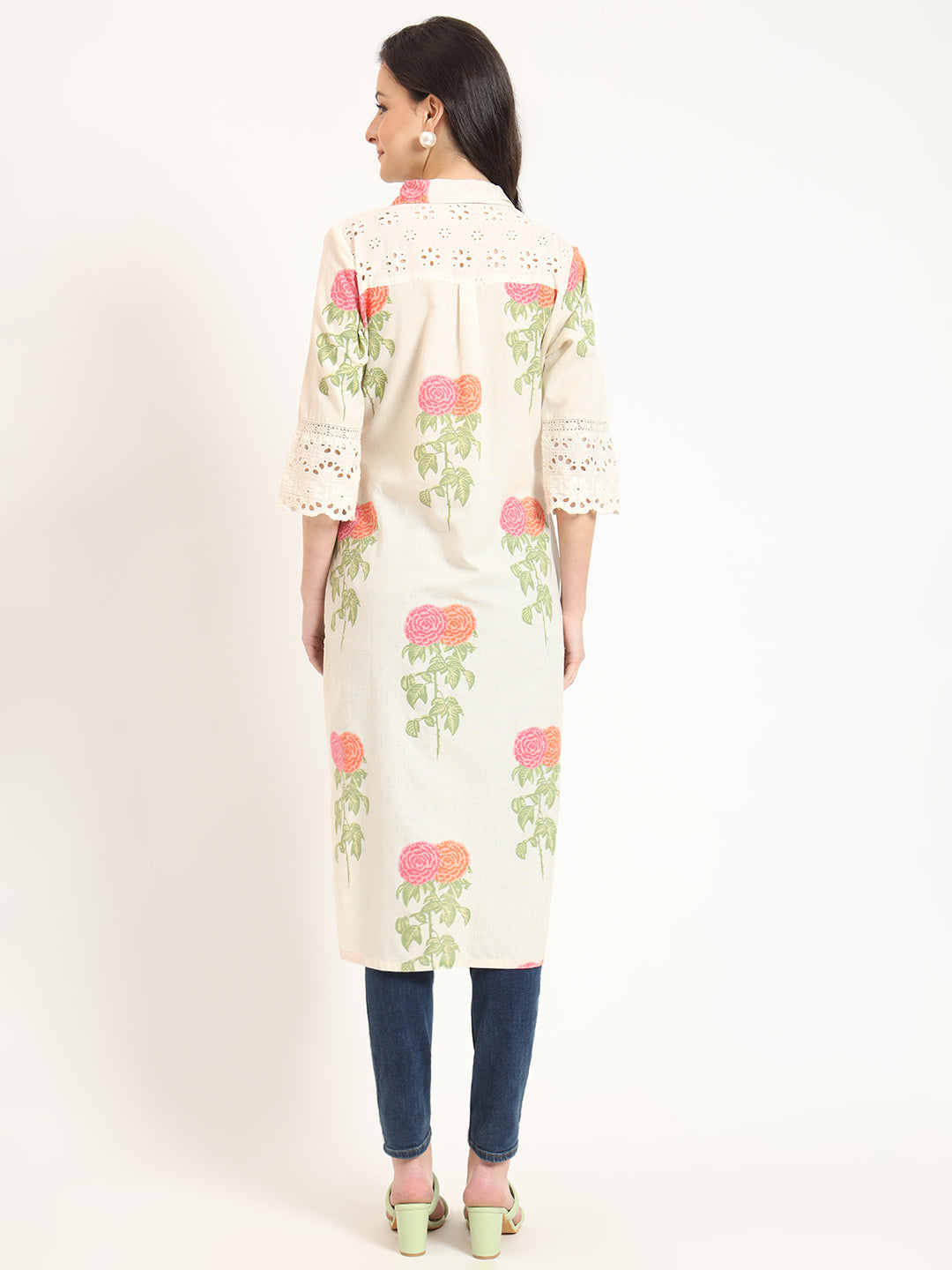 Noe Velarro Cream Pink Floral Print Cotton Fabric Kurta