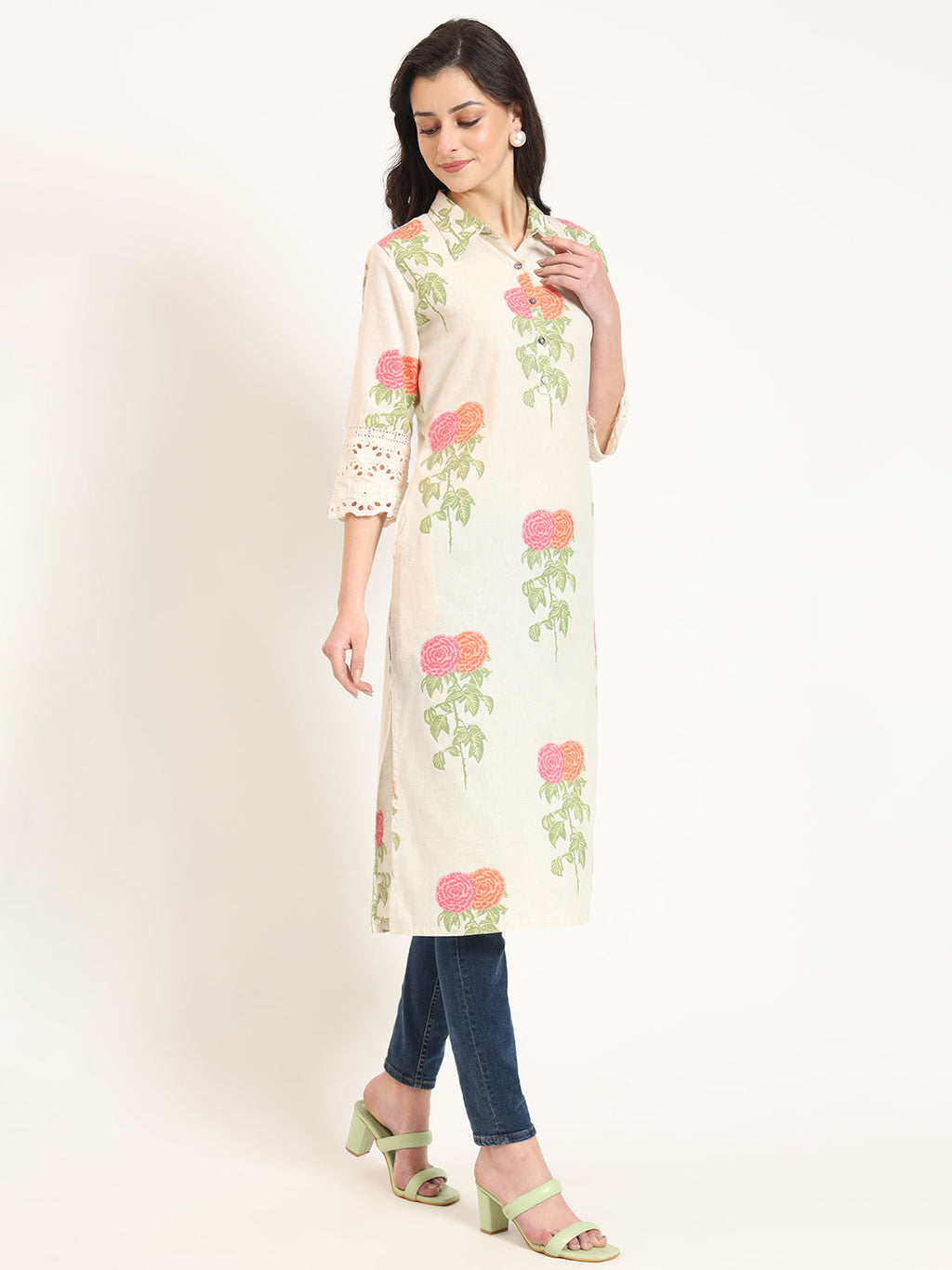 Noe Velarro Cream Pink Floral Print Cotton Fabric Kurta