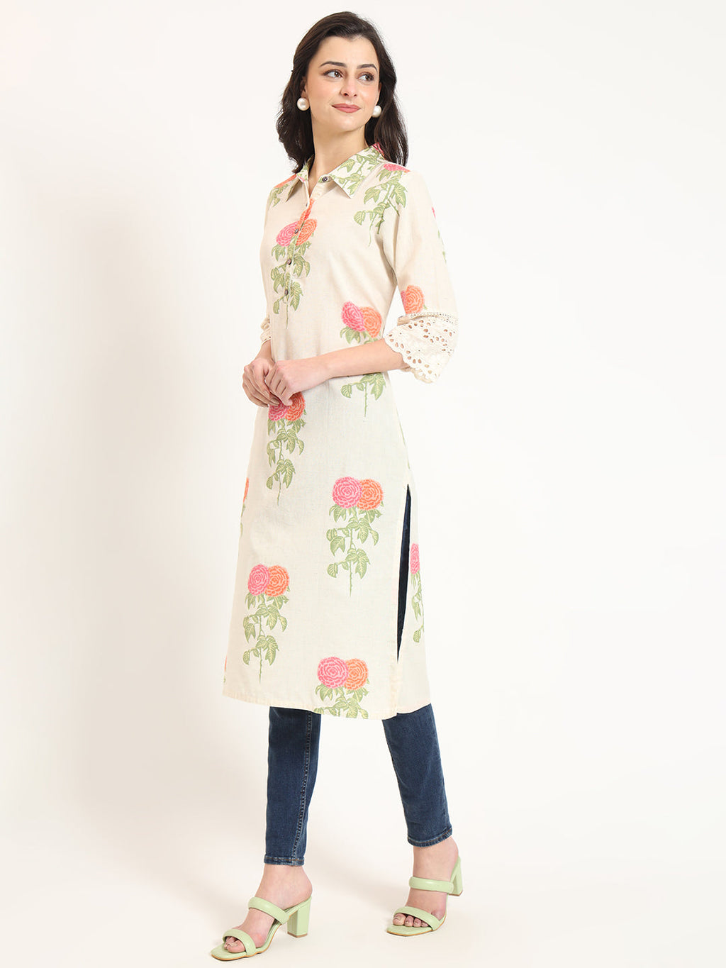 Noe Velarro Cream Pink Floral Print Cotton Fabric Kurta