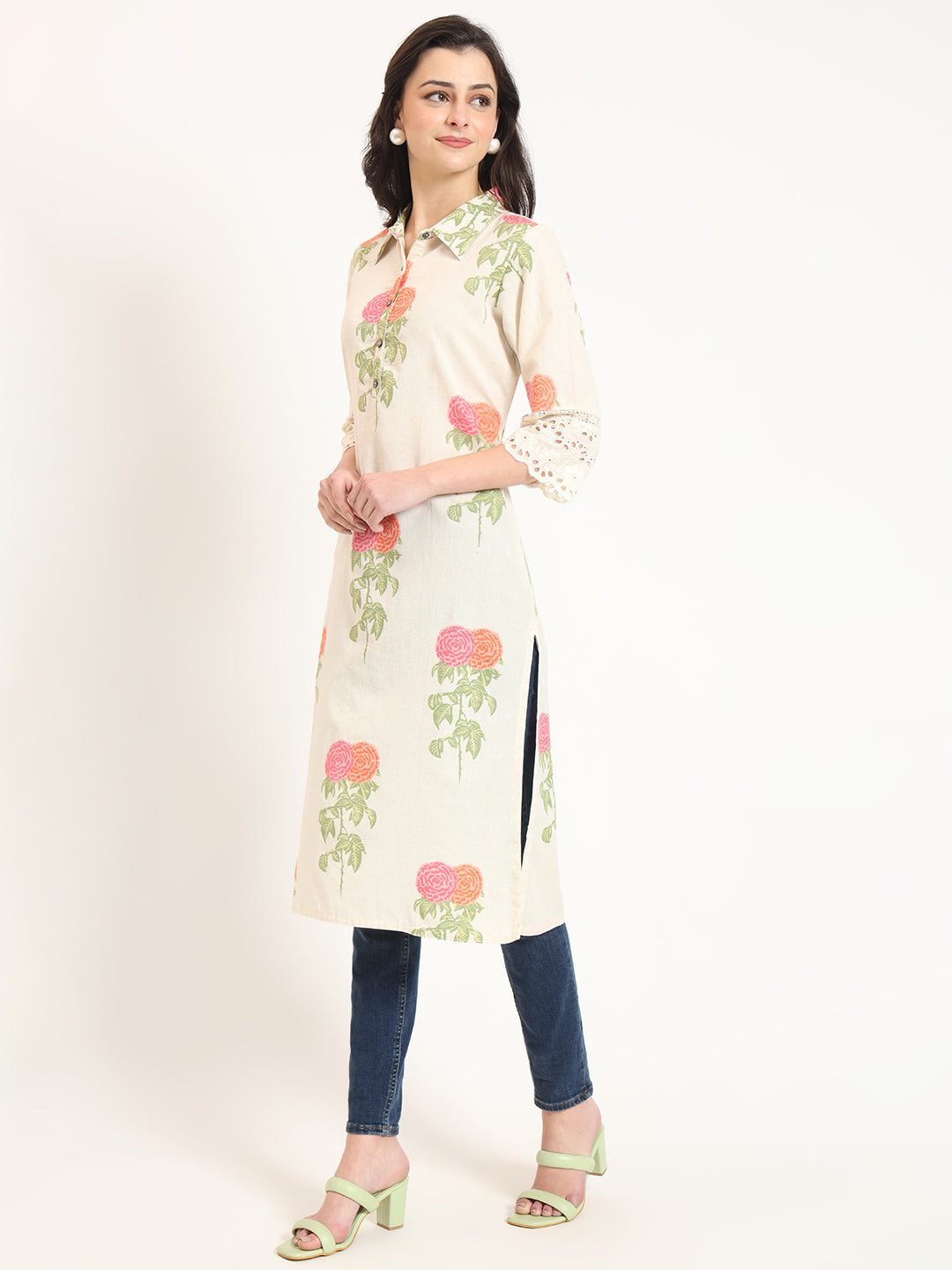 Noe Velarro Cream Pink Floral Print Cotton Fabric Kurta