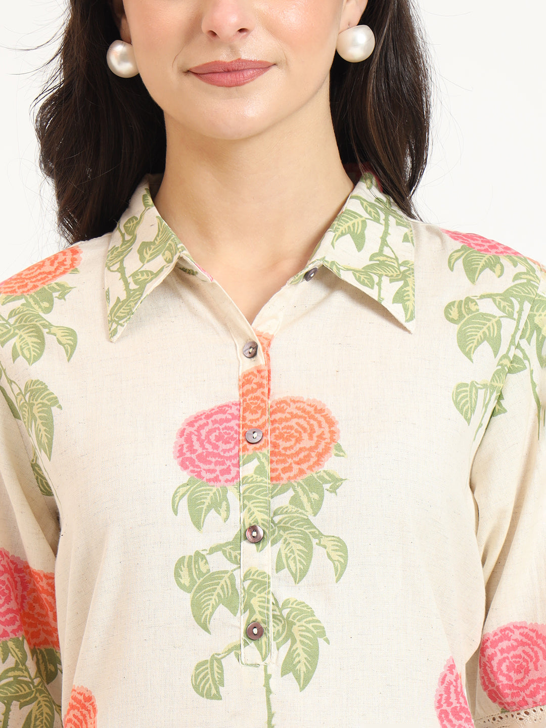 Noe Velarro Cream Pink Floral Print Cotton Fabric Kurta