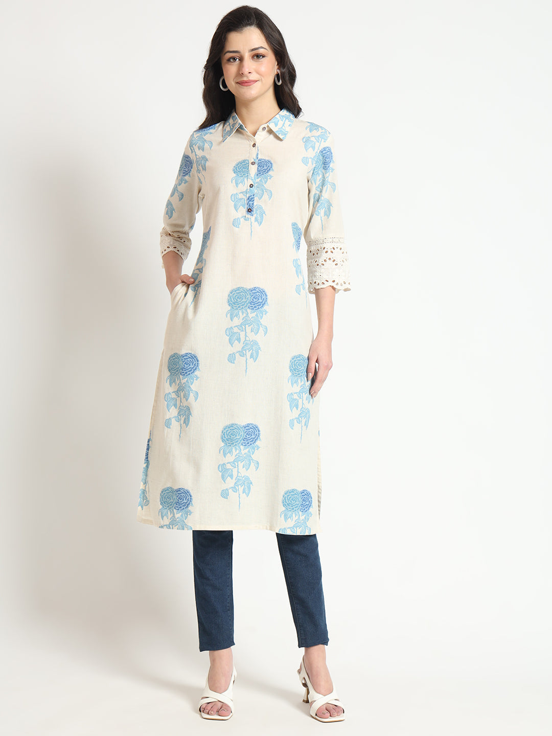 Noe Velarro Cream Blue Floral Print Cotton Fabric A-Line Kurta