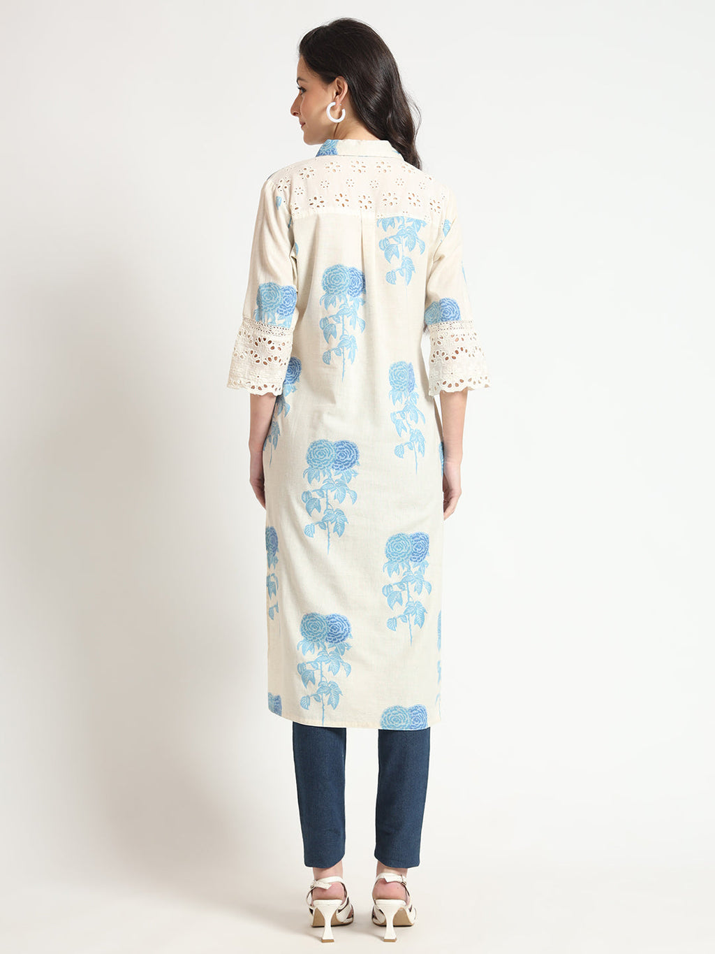 Noe Velarro Cream Blue Floral Print Cotton Fabric A-Line Kurta