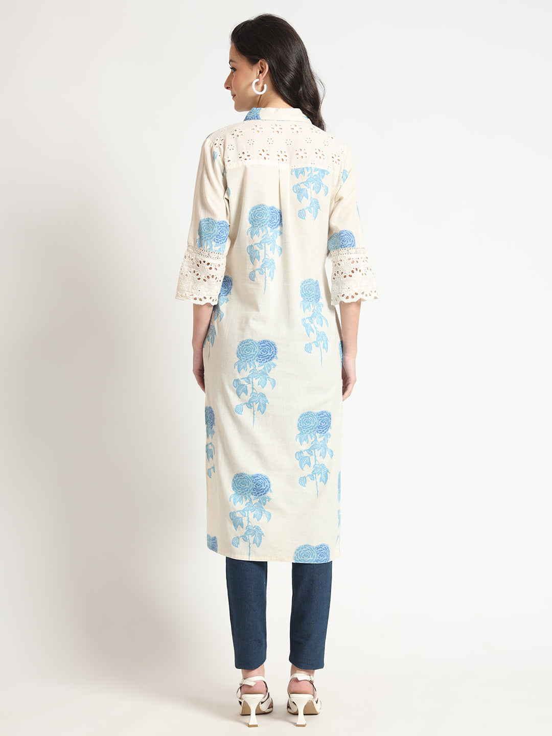 Noe Velarro Cream Blue Floral Print Cotton Fabric A-Line Kurta