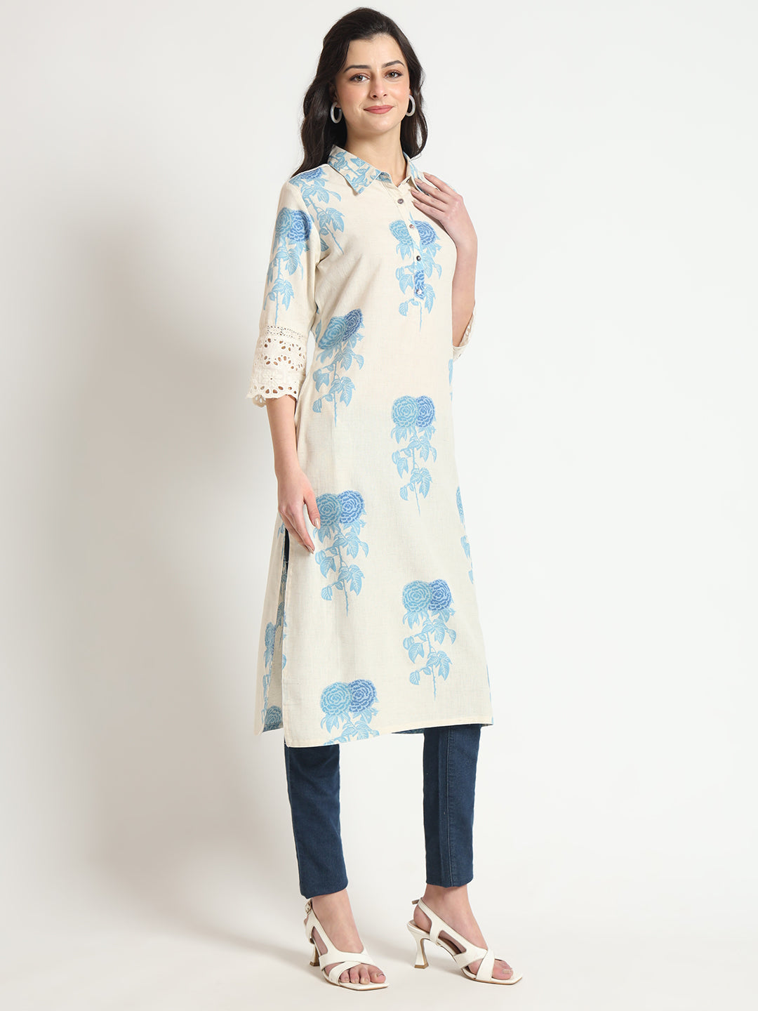 Noe Velarro Cream Blue Floral Print Cotton Fabric A-Line Kurta
