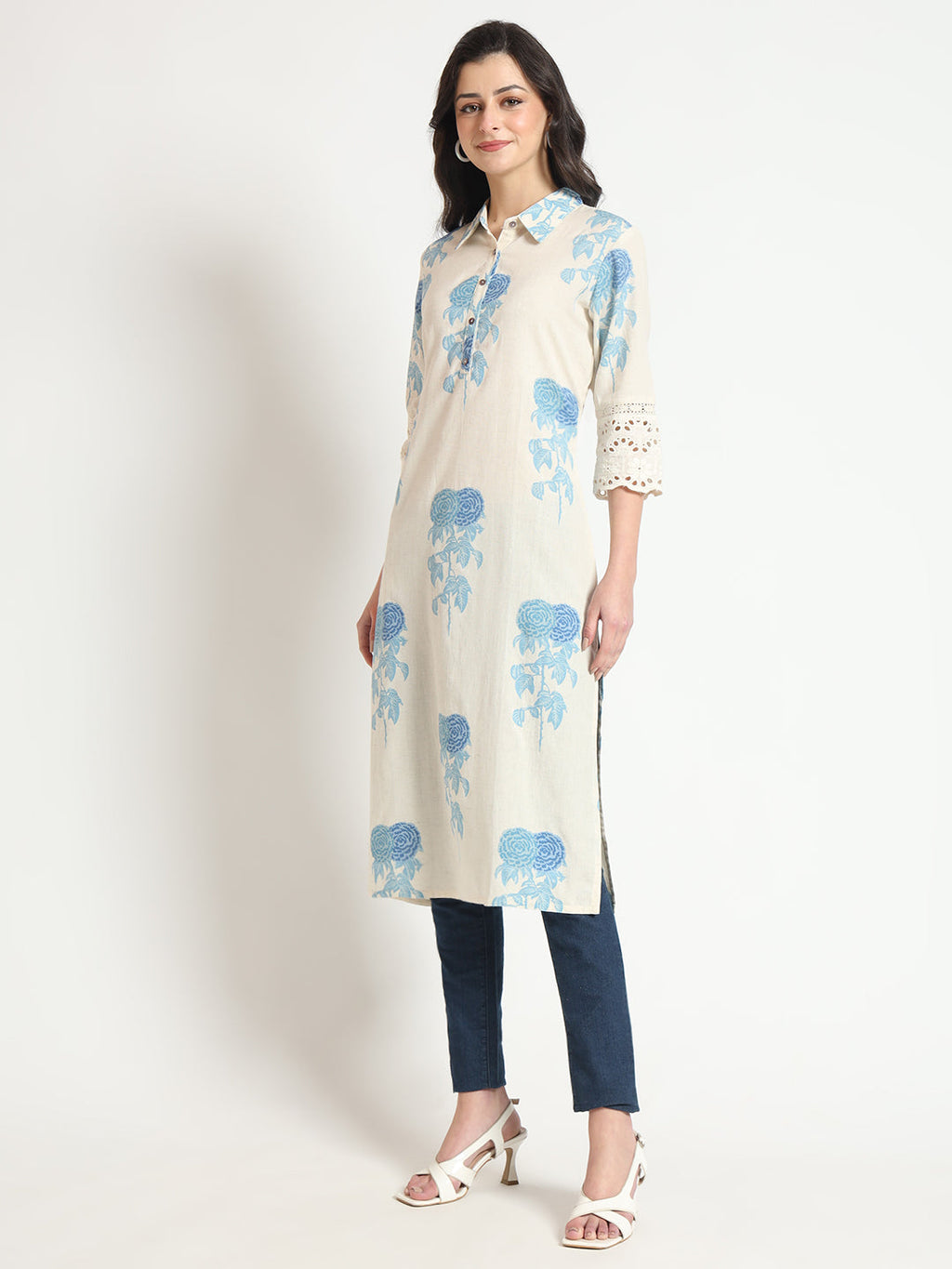 Noe Velarro Cream Blue Floral Print Cotton Fabric A-Line Kurta