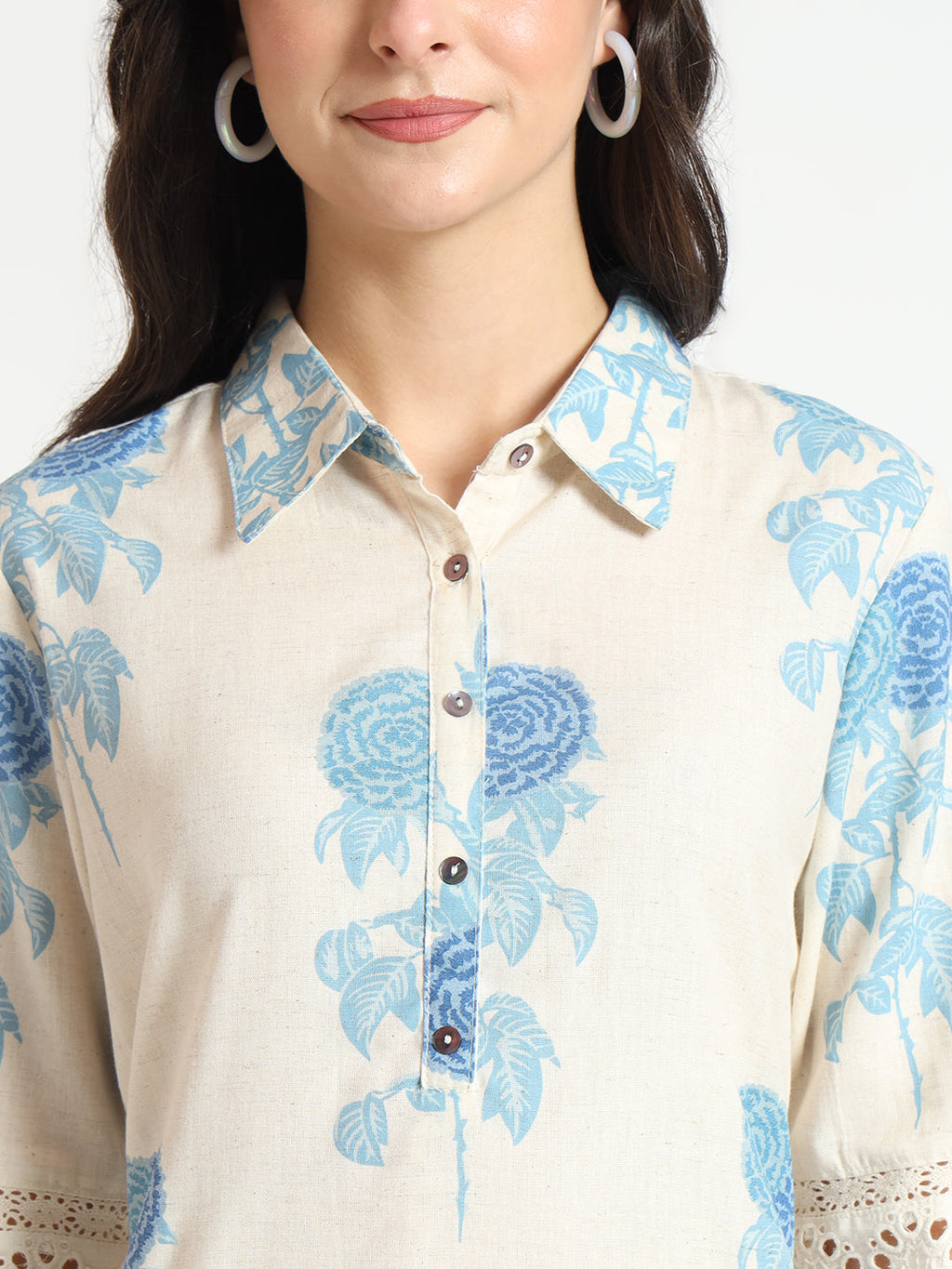 Noe Velarro Cream Blue Floral Print Cotton Fabric A-Line Kurta