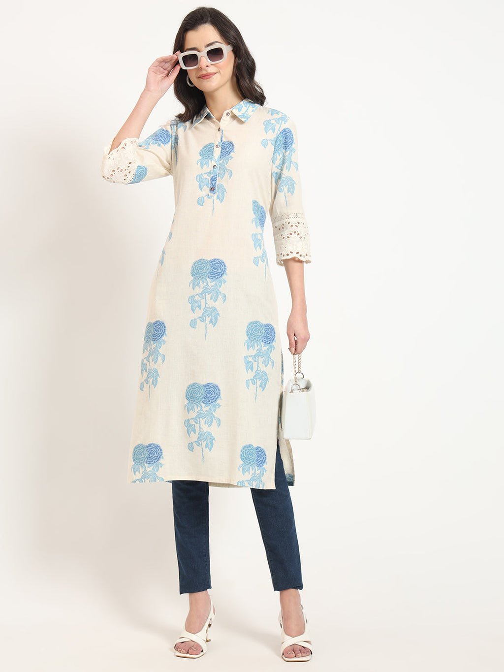 Noe Velarro Cream Blue Floral Print Cotton Fabric A-Line Kurta